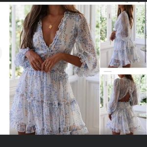 V Neck Long Sleeves Printed Flowy Mini Swing Dress open back NWOT